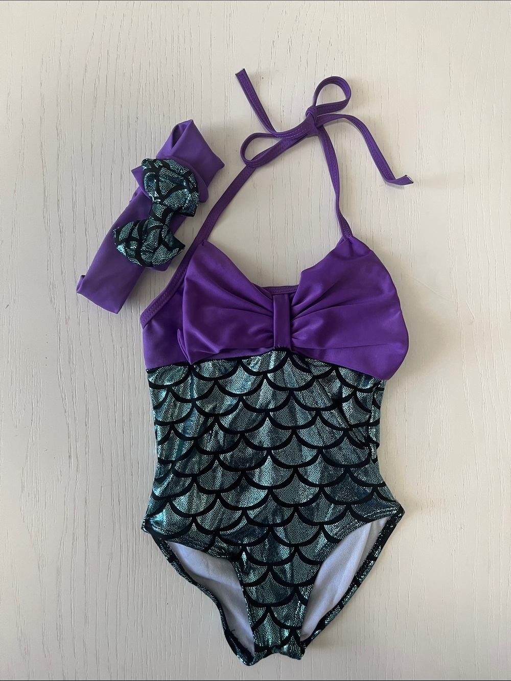 Purple Mermaid-Scale One-Piece Swimsuit with Matching Headband
